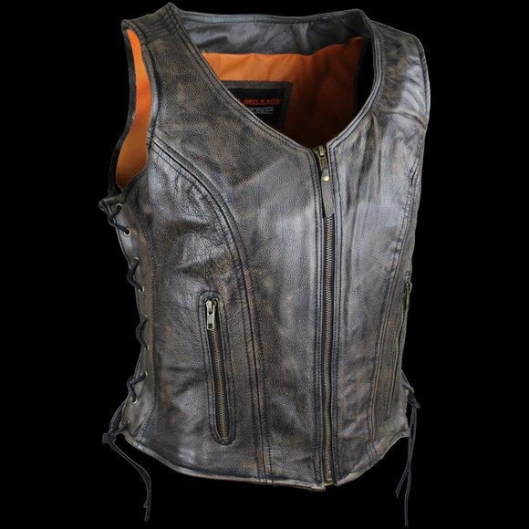 Ladies Distressed Leather Brown Vest "High Mileage" with Side Laces - Picture 3 of 5